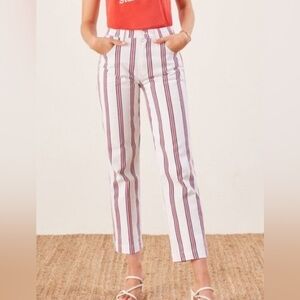 Reformation White Jeans with Red & Blue Vertical Stripes